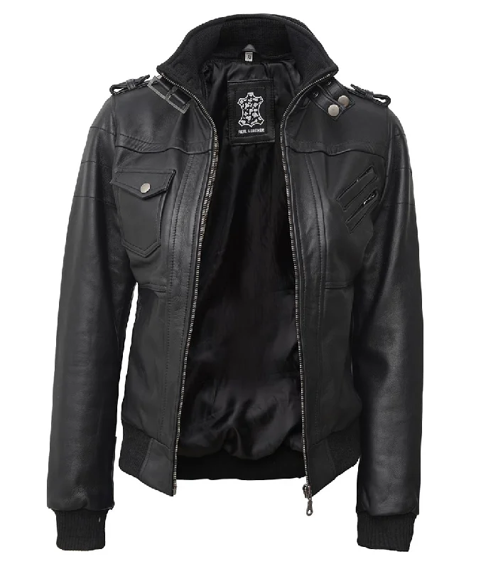 Black Bomber Leather Jacket  Womens Hooded Jacket