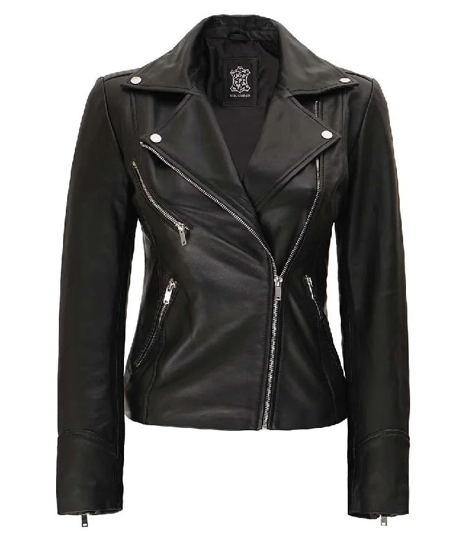 Black Leather Moto Jacket  Womens Asymmetrical Zip Jacket