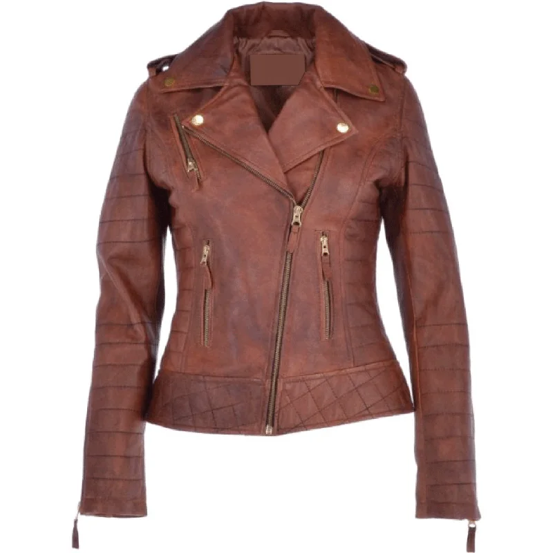 Stylish Brown Quilted Lining Sheepskin Leather Jacket Women