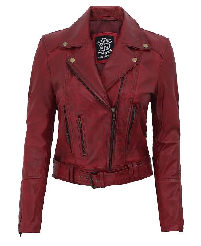 Womens Maroon Leather Motorcycle Jacket