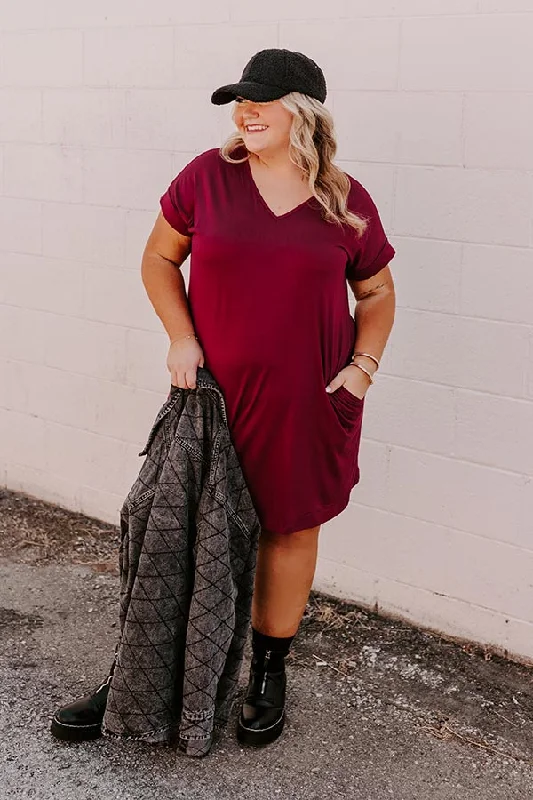 Back To Basics T-Shirt Dress In Wine Curves Hooded Caped Shawl Collar