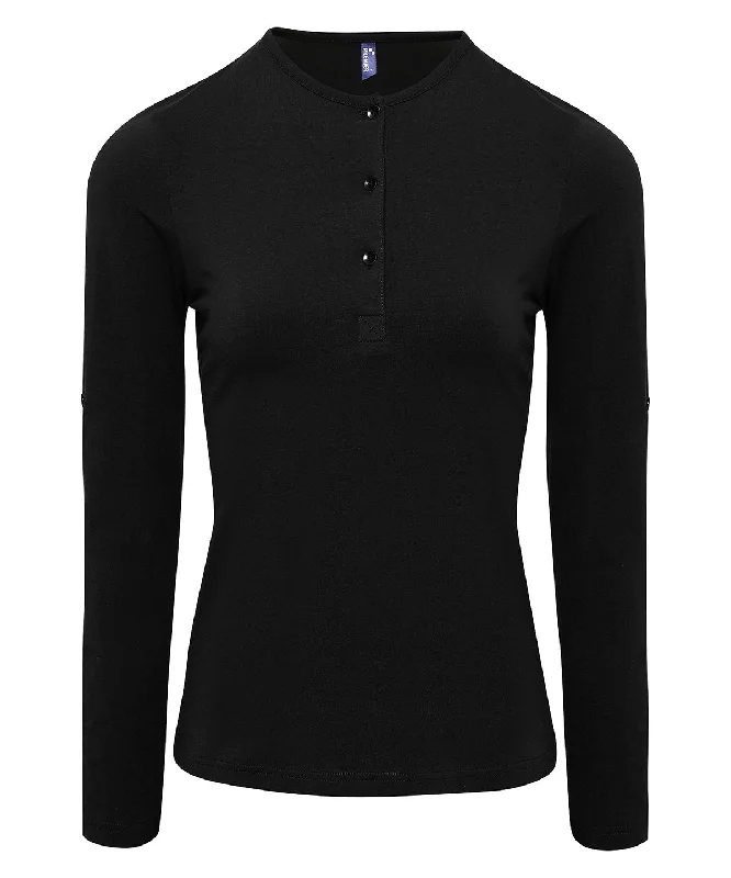 Black - Women's Long John roll-sleeve tee Zippered Front Buttoned Front Snap Front