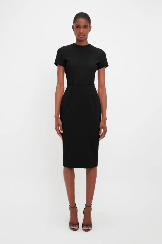 Fitted T-Shirt Dress In Black Rayon Velvet Corduroy