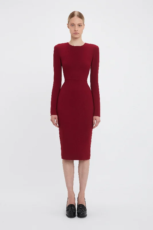 Long Sleeve T-Shirt Fitted Dress In Oxblood Zippered Buttoned Snapped