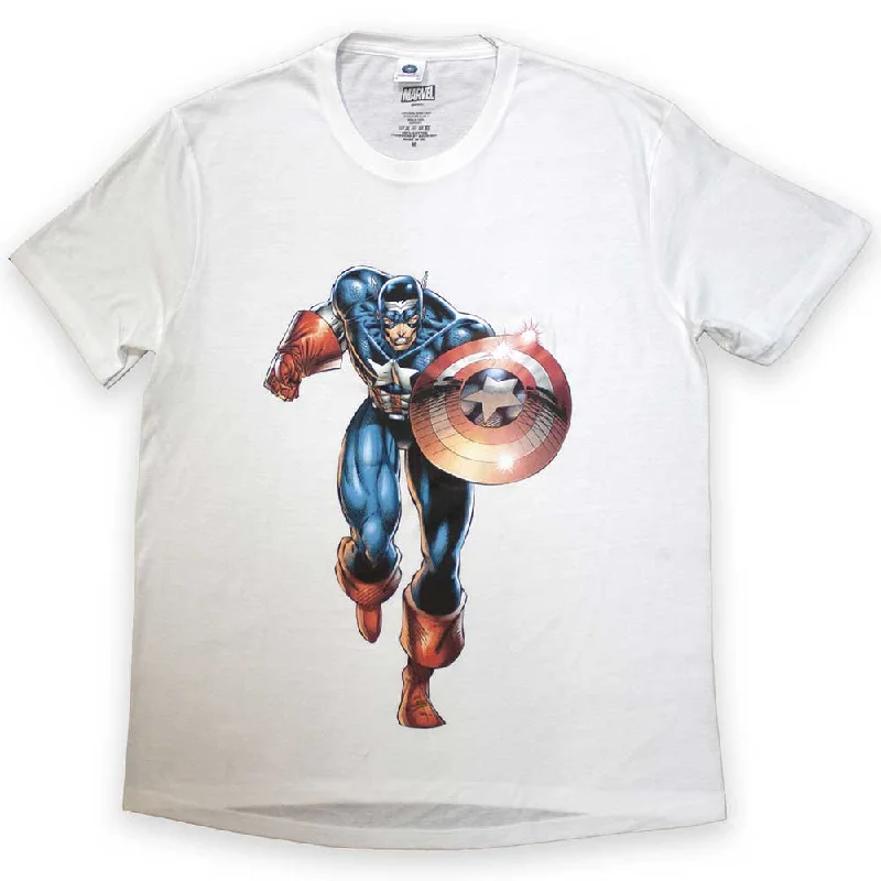 Marvel Comics | Official Movie T-Shirt | Captain America Running Spandex Blend Rayon Blend Denim Blend