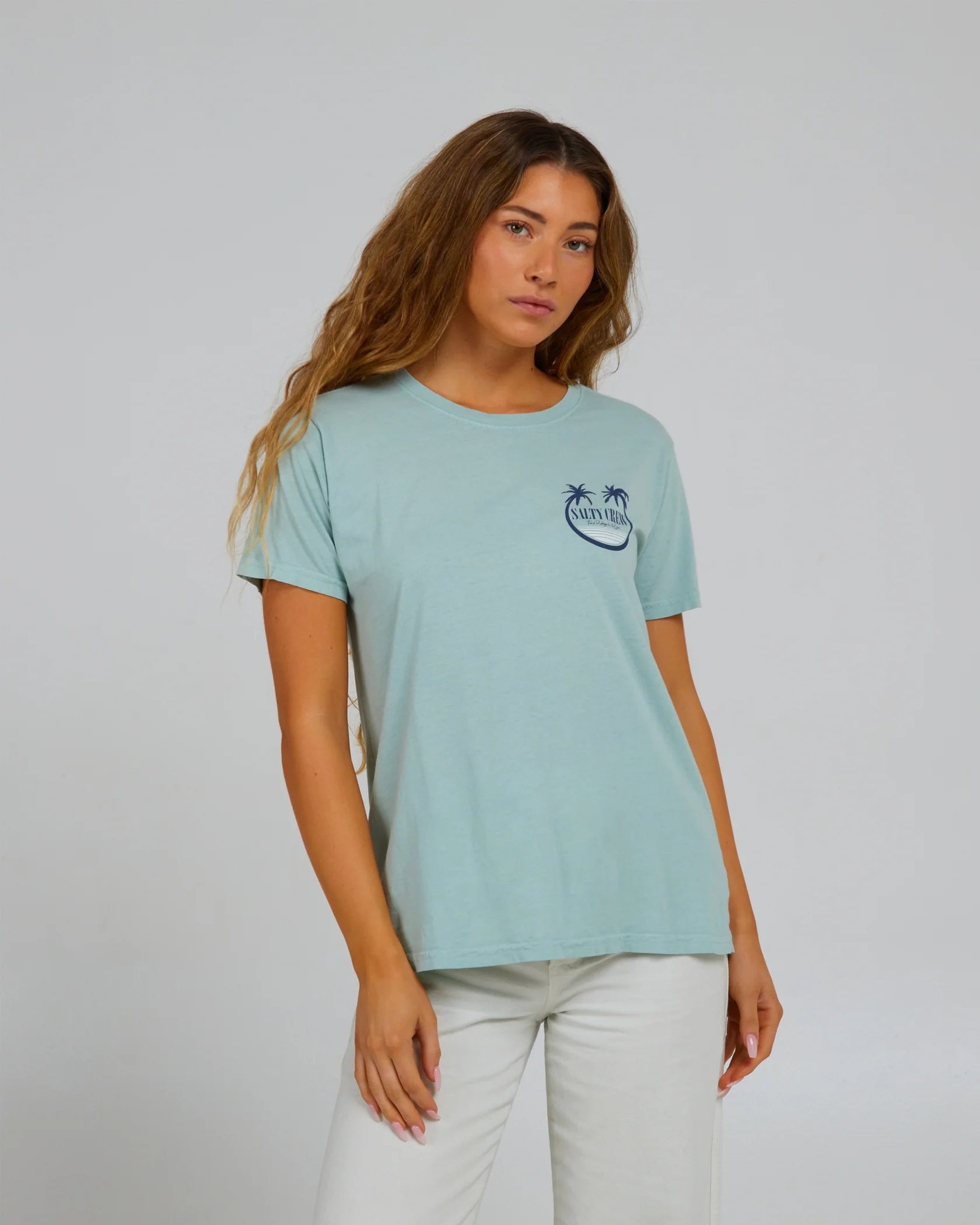 Salty Crew Womens Shades Boyfriend Tee- Cloud Blue Mesh Blend Leather Blend Suede Blend