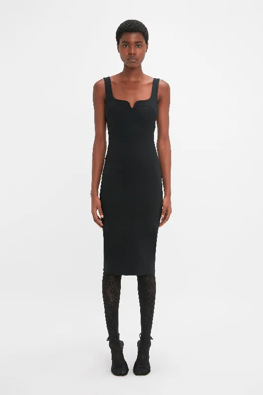 Sleeveless Fitted T-Shirt Dress In Black Welt Pockets Slit Pockets Flap Pockets