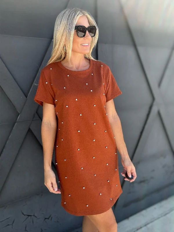 Studded Short Sleeve T-Shirt Dress In Brown Print Jacquard Patchwork