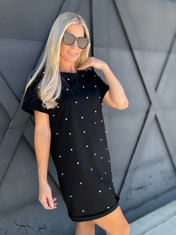 Studded Short Sleeve T-Shirt Dress In Black Denim Fabric Leather Fabric Suede Fabric