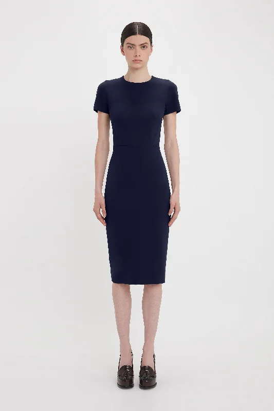 Exclusive Fitted T-Shirt Dress In Ink Blue Welt Pockets Slit Pockets Flap Pockets