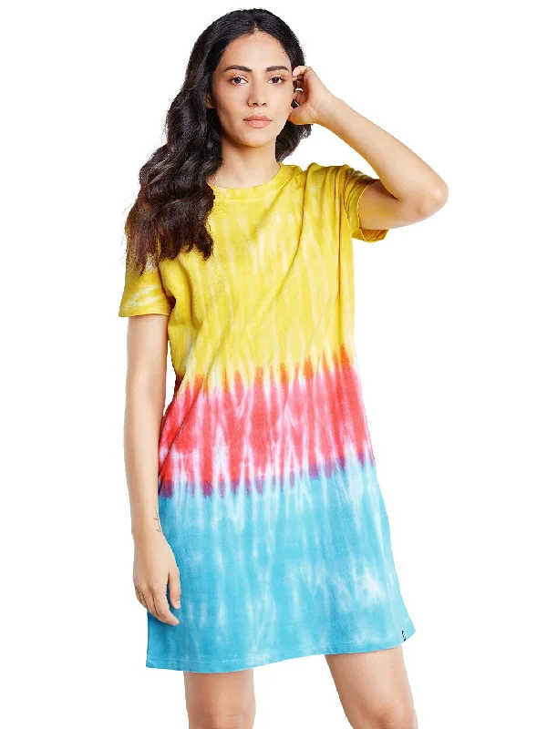 The Souled Store Tie-dye: Colourful Ombre Womens and Girls Solid Cotton Oversized T-Shirt Dresses Multi-Colored Multicolour Notch Collar Peter Pan Collar Cowl Neck