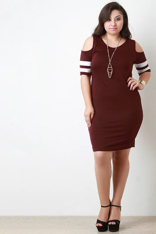 Open Shoulders Stripped T-Shirt Dress Boxy Fit Fitted Loose