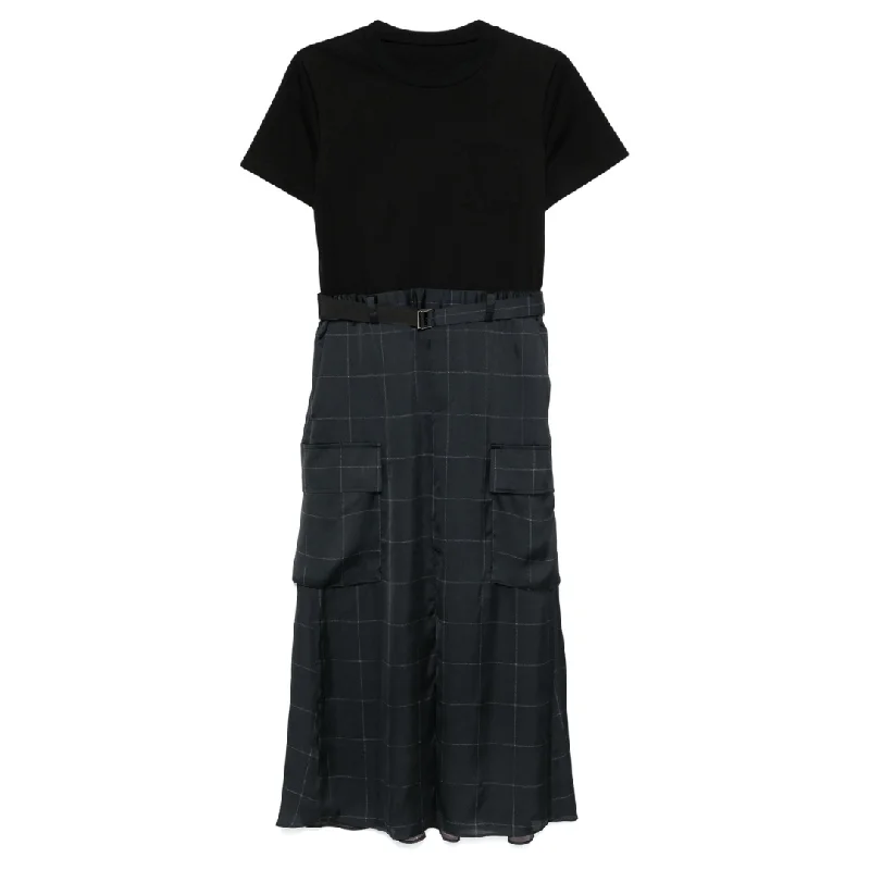 Windowpane T-Shirt Dress Zippered Front Buttoned Front Snap Front