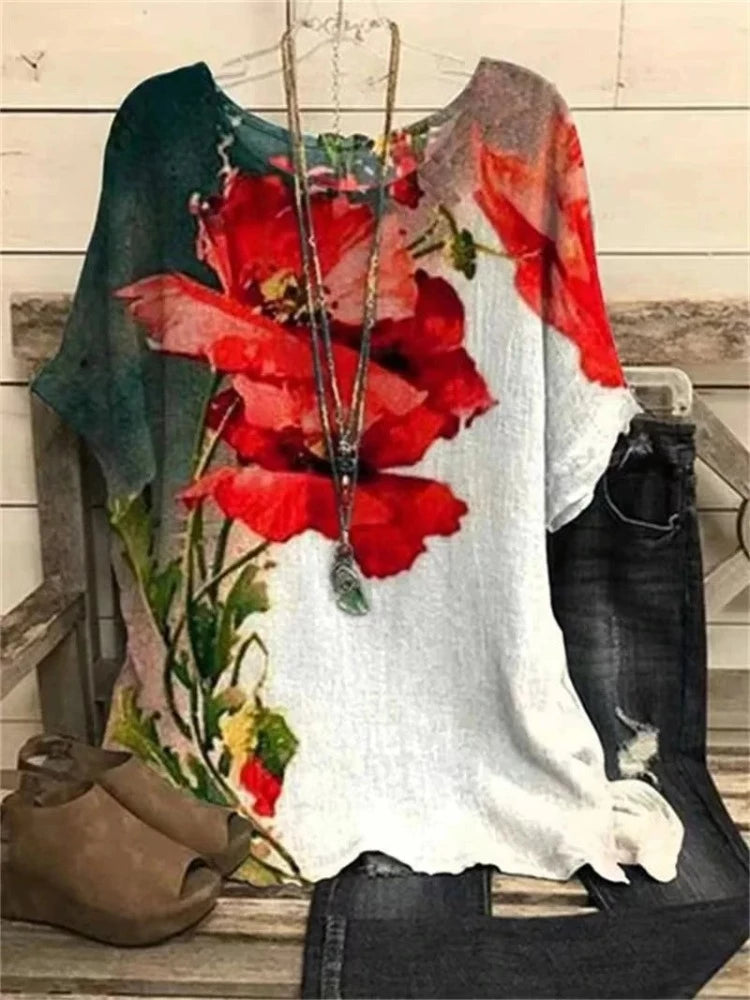 Flower Print Tops Vintage Pullover Spring Summer Loose Short Sleeves Oversized Tee Shirt Fashion T-Shirt 5xl 2024 Round Collar Striped Floral Plaid Flower Print Tops Vintage Pullover Spring Summer Loose Short Sleeves Oversized Tee Shirt Fashion T-Shirt 5xl 2024 Round Collar Striped Floral Plaid