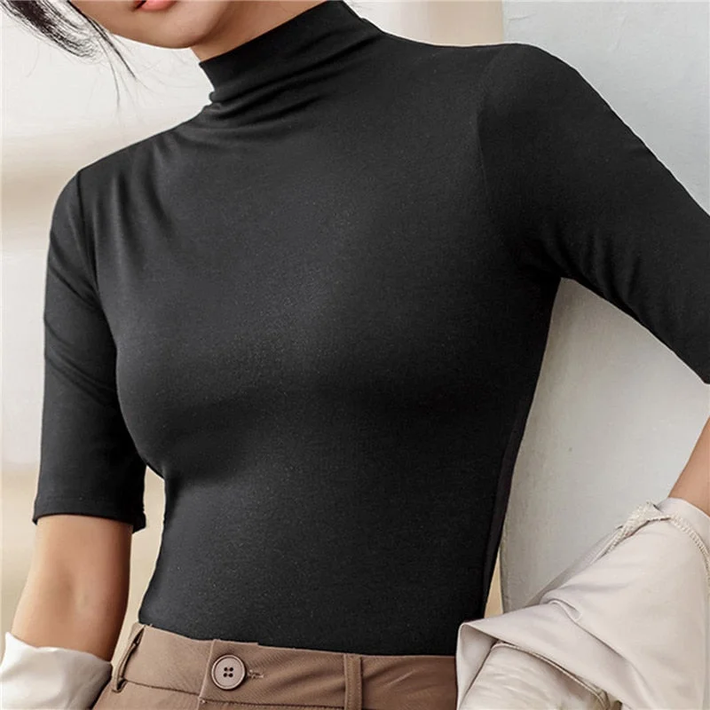 High Street Women's Blouse Half Turtleneck Short Sleeve Slim T-Shirt in Milk Silk - Solid Color Basic Trend Bottoming Shirt for Women Wool Fabric Cashmere Fabric Tweed Fabric High Street Women's Blouse Half Turtleneck Short Sleeve Slim T-Shirt in Milk Silk - Solid Color Basic Trend Bottoming Shirt for Women Wool Fabric Cashmere Fabric Tweed Fabric