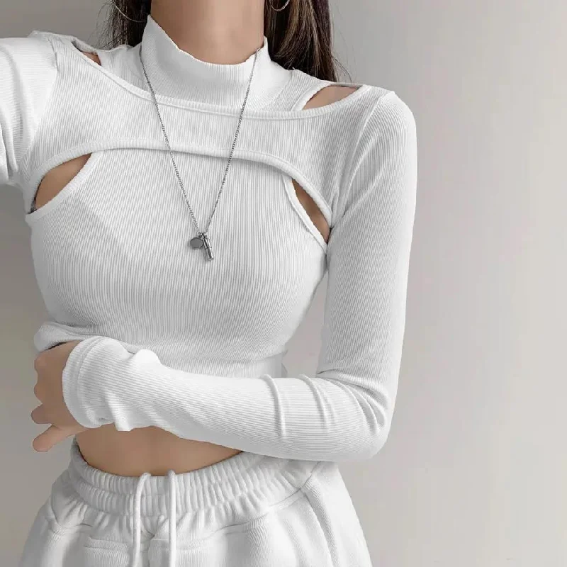 Hollow Knitted Crop Tops Women New Fitness Fake Two-piece T-shirt Female Black White Long Sleeve streetwear style Tops Chenille Fabric Brocade Fabric Lace Fabric Hollow Knitted Crop Tops Women New Fitness Fake Two-piece T-shirt Female Black White Long Sleeve streetwear style Tops Chenille Fabric Brocade Fabric Lace Fabric