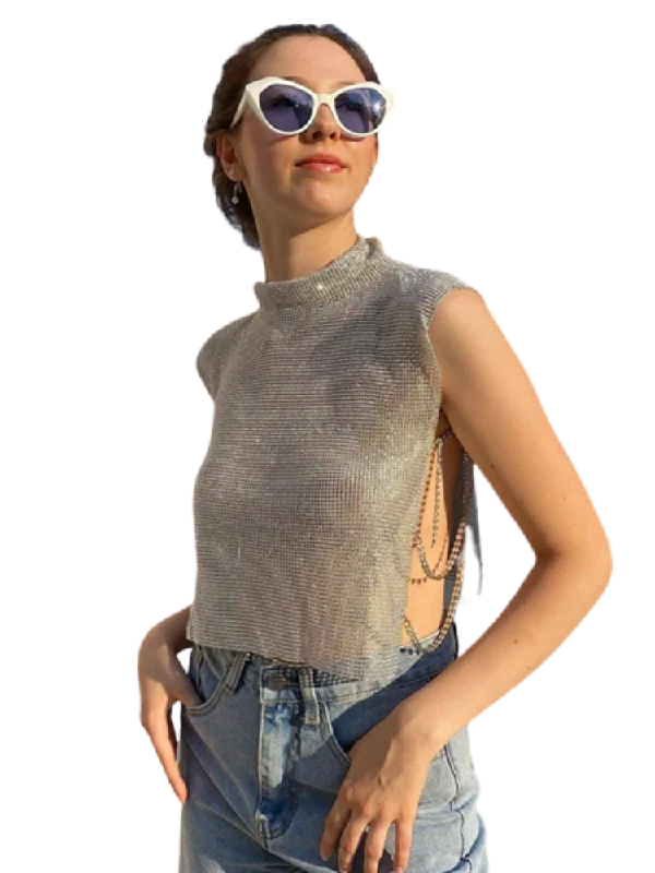 Sexy Rhinestone Glitter Turtleneck T-Shirt Women Backless Party Crop Top  Adjustable Metal Chain Diamond Tank Top Summer Nightclub Print Jacquard Patchwork
