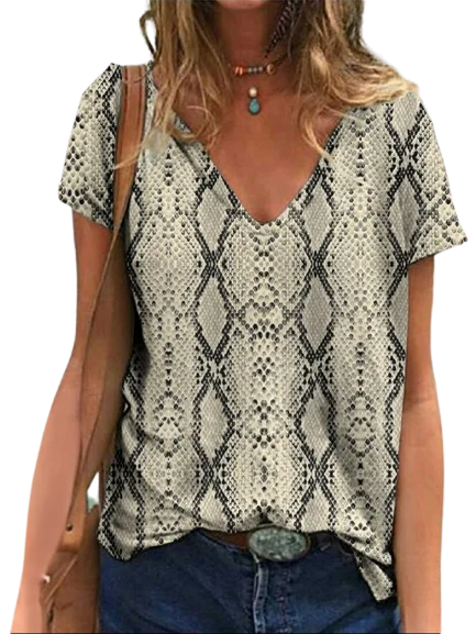 Summer Fashion Women's T-shirt - Sexy Python Snake skin Print V-Neck Short Sleeve Tops, Striped Oversized Casual Blouse, Female Clothes Casual Formal Business Summer Fashion Women's T-shirt - Sexy Python Snake skin Print V-Neck Short Sleeve Tops, Striped Oversized Casual Blouse, Female Clothes Casual Formal Business