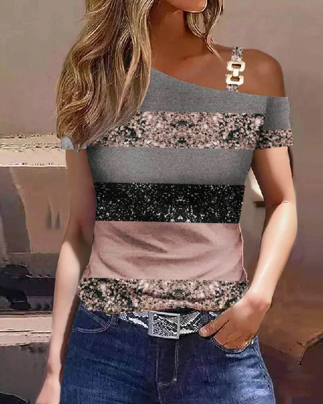 Top Women 2023 Summer Fashion Simple Metal Buckle Oblique Collar Casual Short-Sleeved Printed T-Shirt Top Clothes Fleece Fabric Down Fabric Feather Fabric Top Women 2023 Summer Fashion Simple Metal Buckle Oblique Collar Casual Short-Sleeved Printed T-Shirt Top Clothes Fleece Fabric Down Fabric Feather Fabric