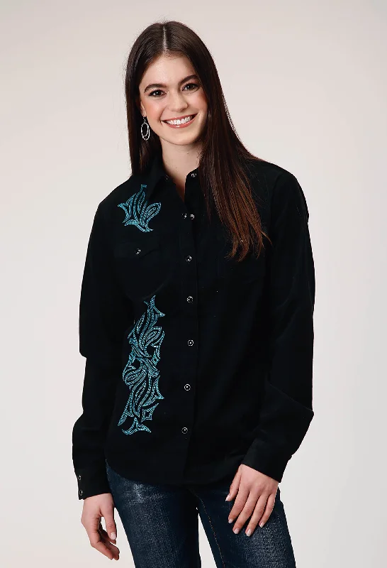 WOMENS LONG SLEEVE SNAP JET BLACK CORDUROY WESTERN BLOUSE WITH EMBROIDERY DECORATION Embellished Collar Blouse WOMENS LONG SLEEVE SNAP JET BLACK CORDUROY WESTERN BLOUSE WITH EMBROIDERY DECORATION Embellished Collar Blouse