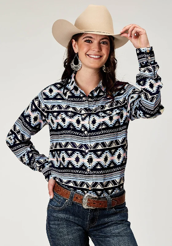 WOMENS LONG SLEEVE SNAP NAVY AZTEC PRINTED RAYON WESTERN BLOUSE Textured Cotton Blouse WOMENS LONG SLEEVE SNAP NAVY AZTEC PRINTED RAYON WESTERN BLOUSE Textured Cotton Blouse