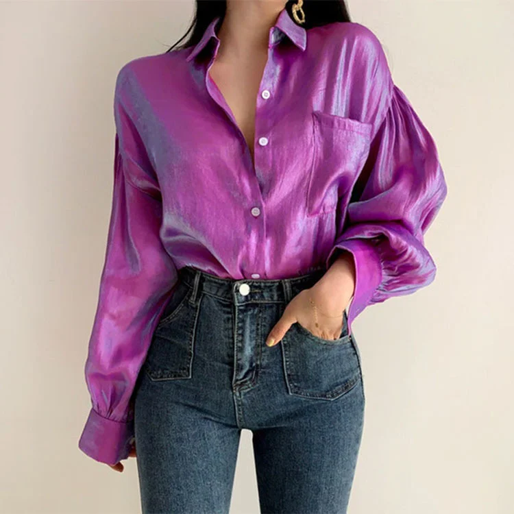 2 Pieces Fashion Elegant Women Lapel Pocket Lantern Sleeve Long Sleeve Shirt Blouse Satin Drape Blouse 2 Pieces Fashion Elegant Women Lapel Pocket Lantern Sleeve Long Sleeve Shirt Blouse Satin Drape Blouse
