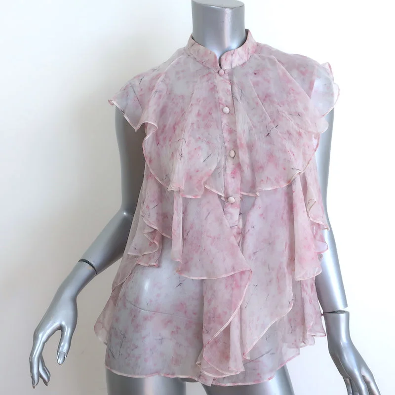 Alexander McQueen Sleeveless Ruffle Blouse Light Pink Printed Chiffon Size 40 Feminine Satin Blouse