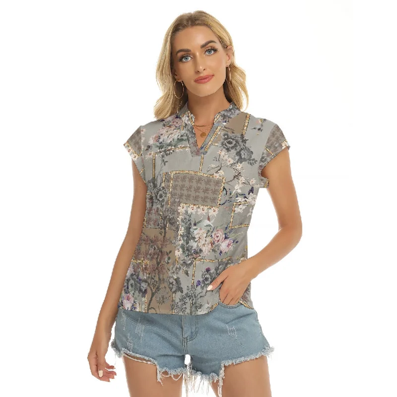 Gray Elegance |  V-neck Short Sleeve Blouse Airy Cotton Blouse