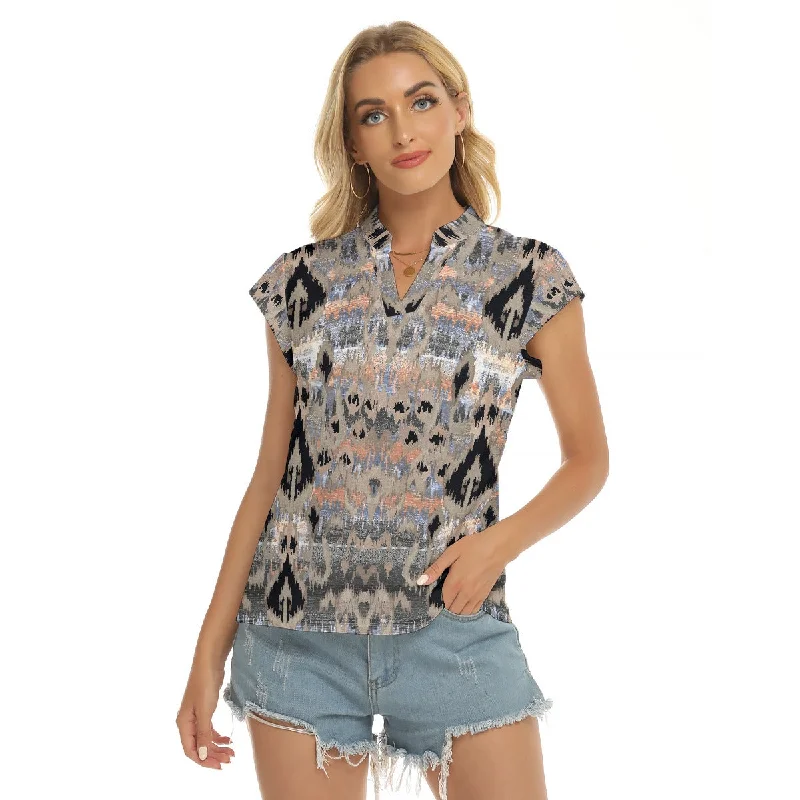 Black Abstract |  V-neck Short Sleeve Blouse Wrap Front Blouse