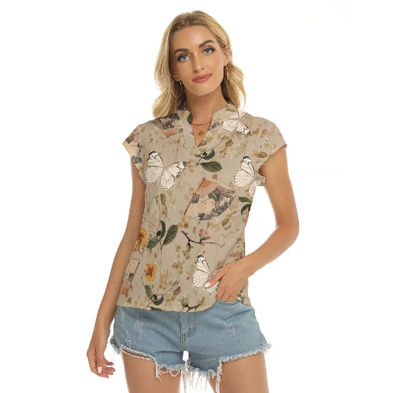 A Day out |  V-neck Short Sleeve Blouse Lightweight Linen Blouse
