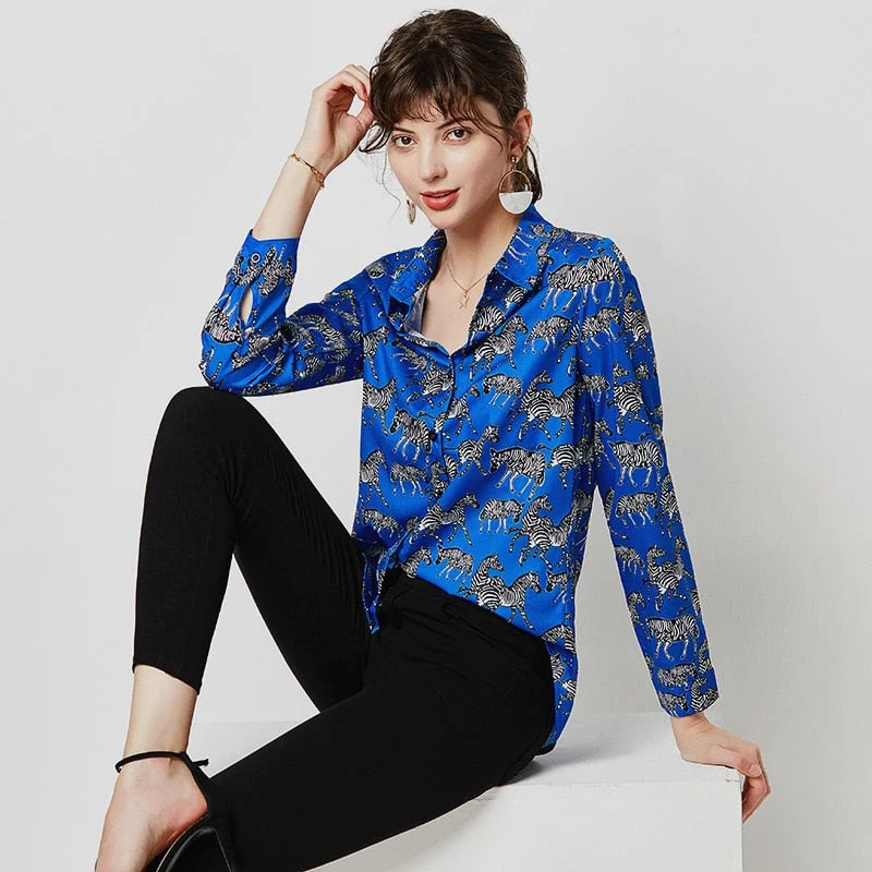 Animal Zebra Print Women Blouses Soft Satin Blouse