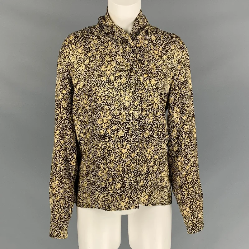 ANNE KLEIN Size 6 Black Silk Abstract floral Long Sleeve Blouse Delicate Bow Blouse