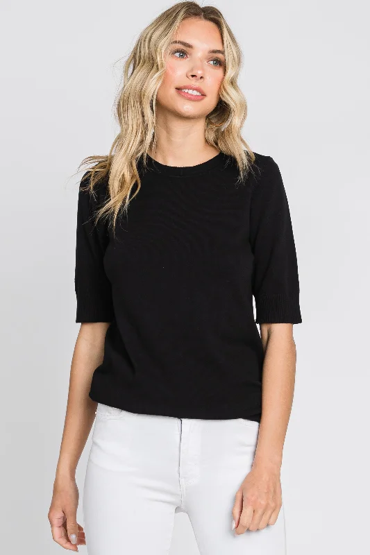 Black Knit Fitted Blouse Casual Stripe Blouse