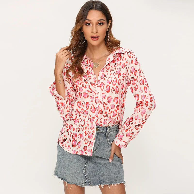 Blouse Women Elegant Turn Down Collar Print Textured Cotton Blouse