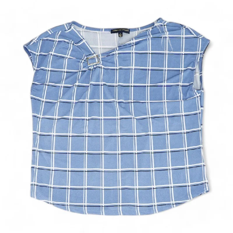 Blue Plaid Short Sleeve Blouse Silky Tunic Blouse