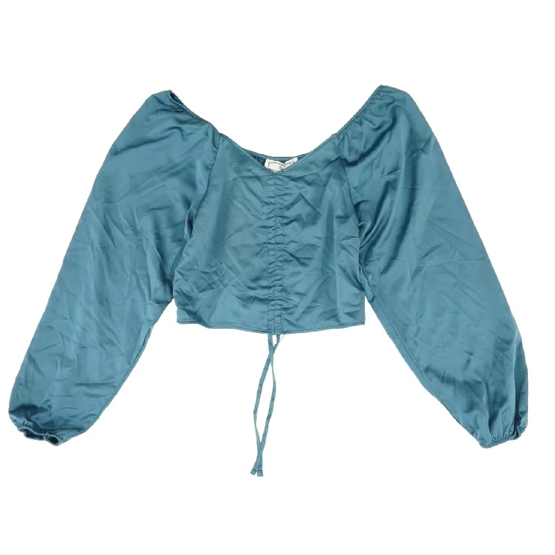 Blue Solid Long Sleeve Blouse Elegant Silk Blouse