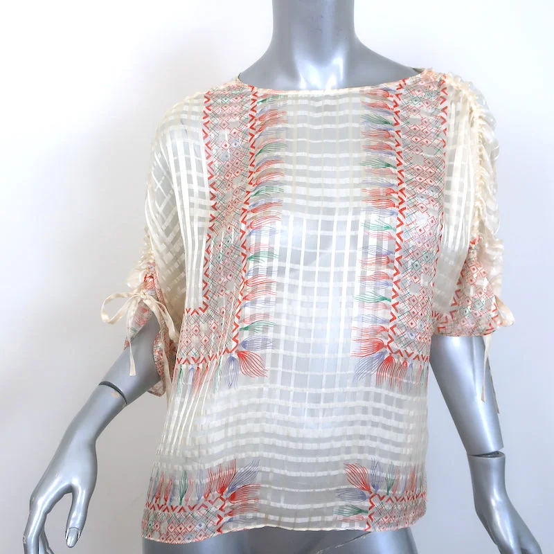 Chloe Ruched-Sleeve Blouse Ivory Printed Windowpane Check Silk Size 36 Relaxed Fit Blouse Chloe Ruched-Sleeve Blouse Ivory Printed Windowpane Check Silk Size 36 Relaxed Fit Blouse