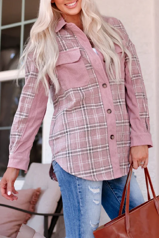 Corduroy Plaid Pattern Shacket Peter Pan Blouse