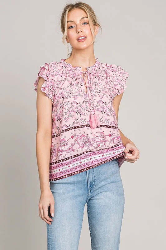 Print Ruffle Sleeve Detail Blouse Sleeveless Chiffon Blouse
