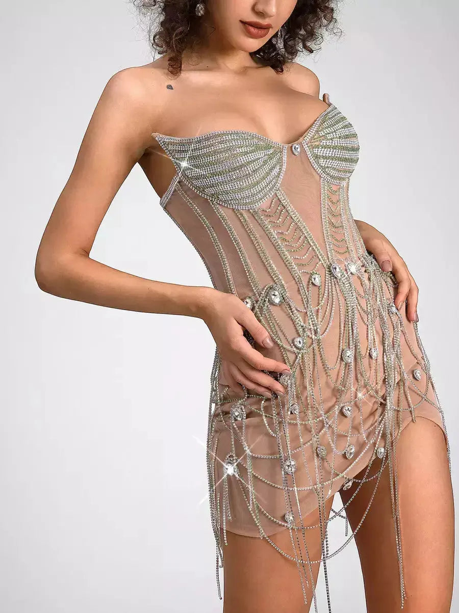 Crystal Chain Embellished Corset Mini Dress