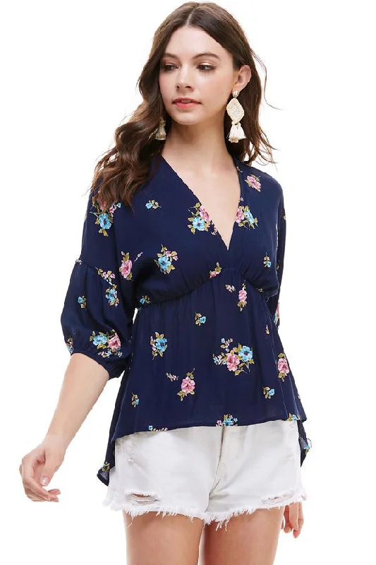 Ditsy Floral Dolman Long Sleeve V Neck Blouse Wrap Front Blouse