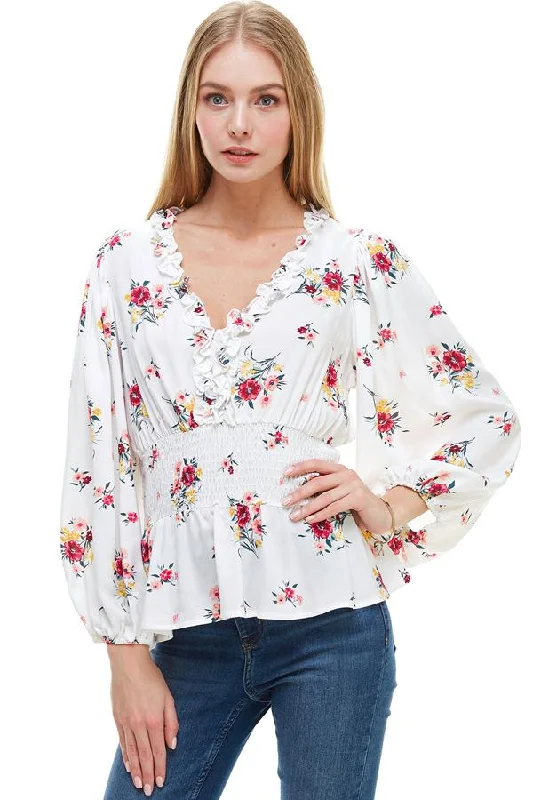 Ditsy Floral Ruffle Trim Smocked Waist Blouse Double Button Blouse