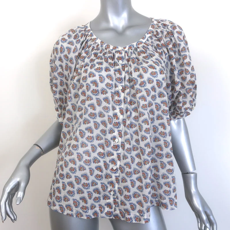 Doen June Button-Up Top White Paisley Print Cotton Size Large Puff Sleeve Blouse Lightweight Chiffon Blouse Doen June Button-Up Top White Paisley Print Cotton Size Large Puff Sleeve Blouse Lightweight Chiffon Blouse