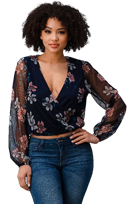 Dot Mesh Floral Surplice Long Sleeve Blouse Top Elegant Office Blouse