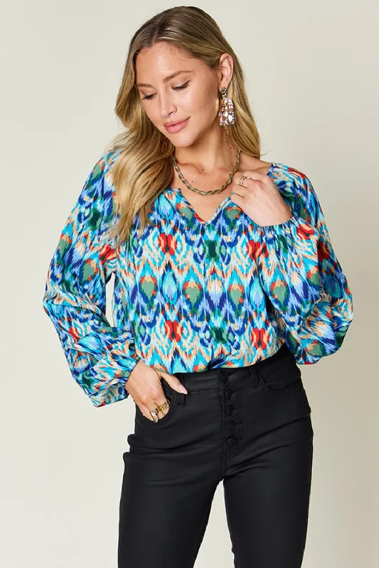 Double Take Full Size Printed Balloon Sleeve Blouse Bell Sleeve Blouse