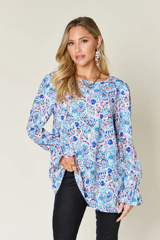 Double Take Full Size Printed Flounce Sleeve Blouse Ruched Sleeve Blouse