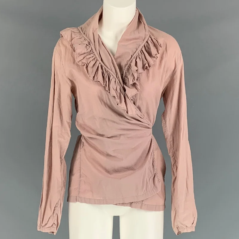 DRIES VAN NOTEN Size 10 Dust Pink Ruffled Wrap Around Blouse Delicate Pleat Blouse