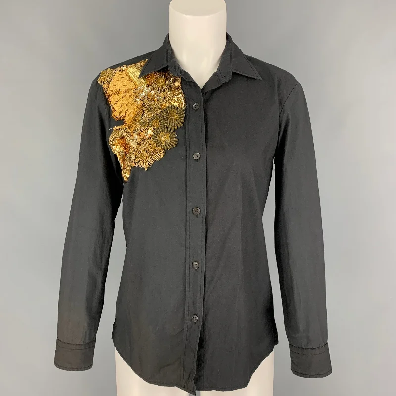 DRIES VAN NOTEN Size 4 Slate Gold Cotton Beaded Long Sleeve Blouse Ruffled Neck Blouse DRIES VAN NOTEN Size 4 Slate Gold Cotton Beaded Long Sleeve Blouse Ruffled Neck Blouse