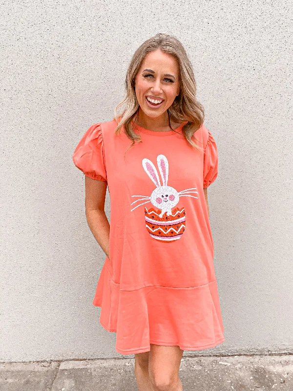 Easter Bunny Sequin Patch Coral Mini Dress-FINAL SALE