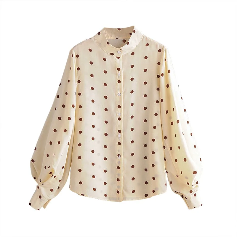 Elegant Polka Dot Print Women Blouses Stylish Embroidered Cotton Blouse